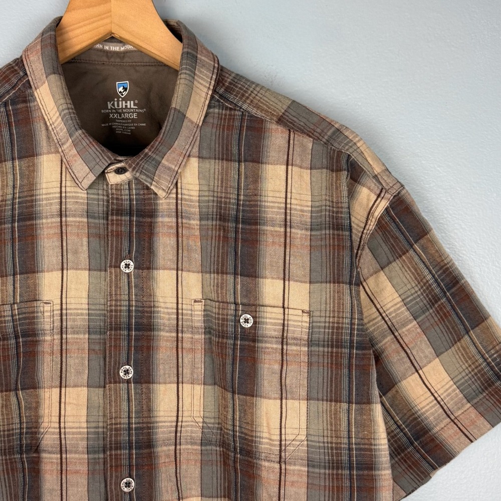 KUHL Skorpio Button Shirt Mens 2XL Brown Plaid Short Sleeve Linen Cotton Blend